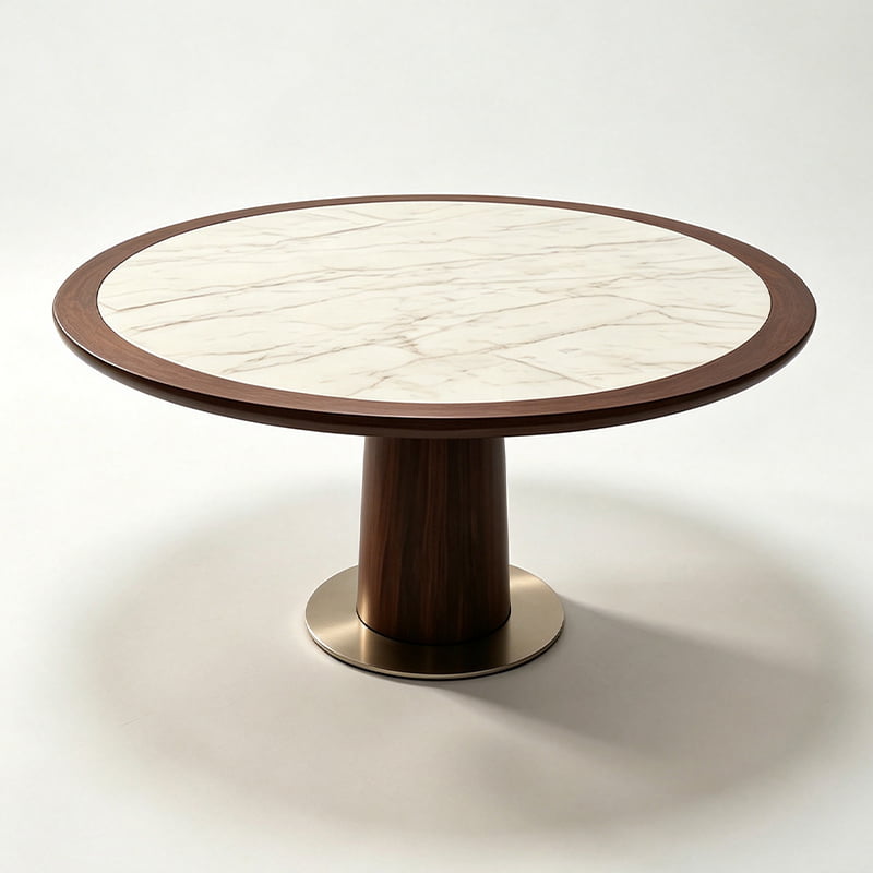 Round Walnut Marble Inlay Coffee Table