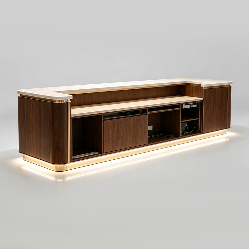 Walnut Marble Reception Desk with Brass Trim
